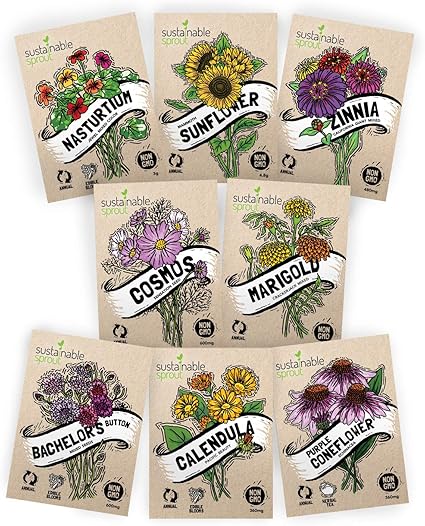 Amazon Com Flower Seeds Variety Pack 100 Non Gmo Zinnia Cosmos Sunflower Bachelor Button Calendula Nasturtium Marigold Coneflower For Planting In Your Garden Garden Outdoor