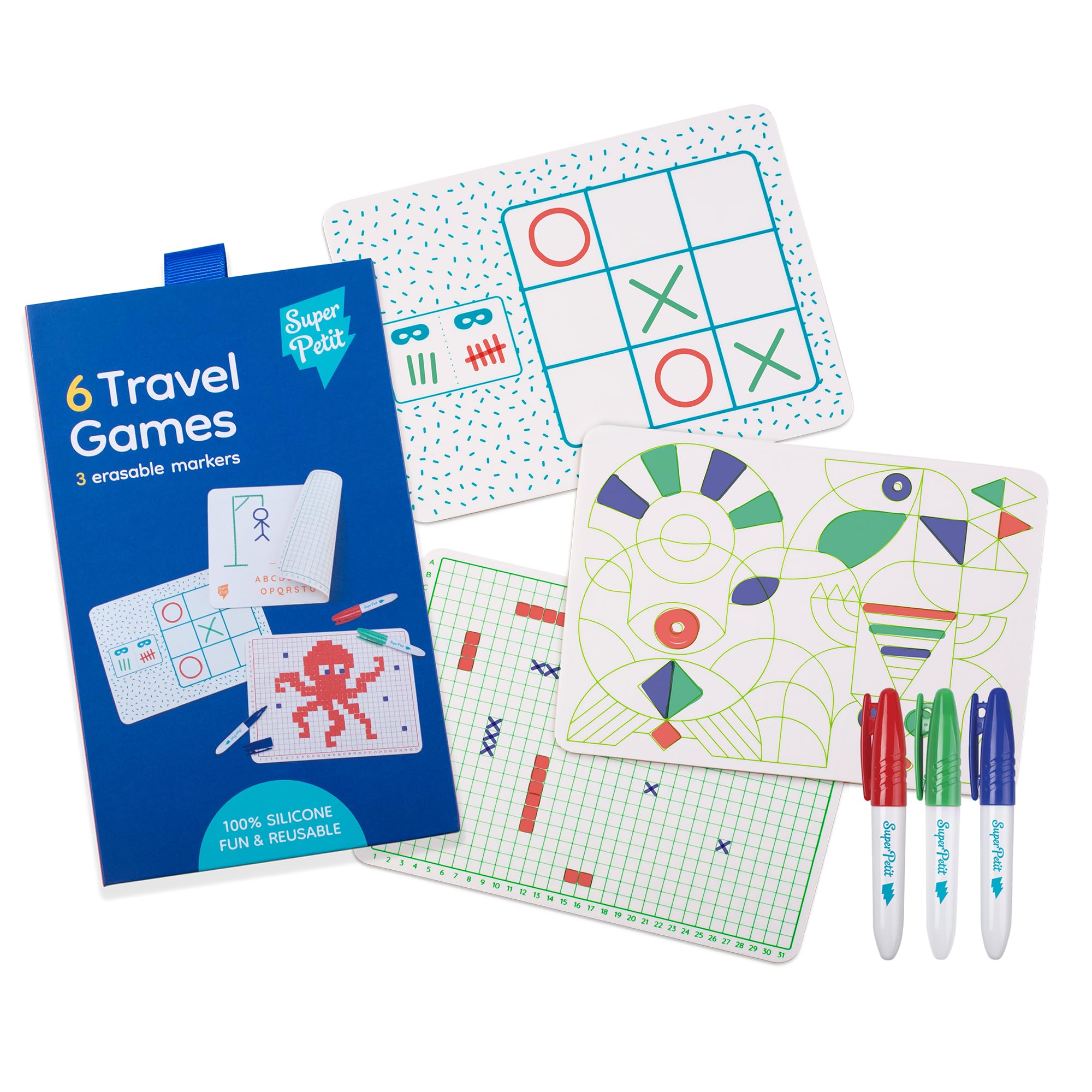 SUPER PETIT - TRAVEL GAME - From 4 years old - The classics of your childhood in silicone version that can be used endlessly: morpion, hanged, naval battle, 4 online, mandala and pixel art - 6 nomadic