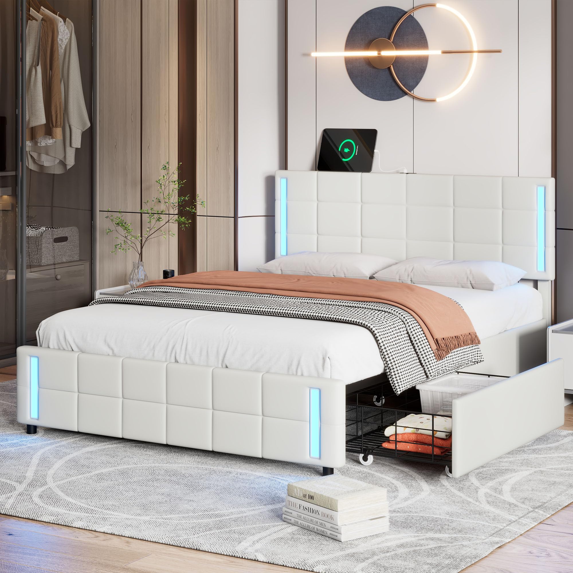 Merax Queen Bed Frame with LED Lights USB Charging Storage 4 Drawers ...