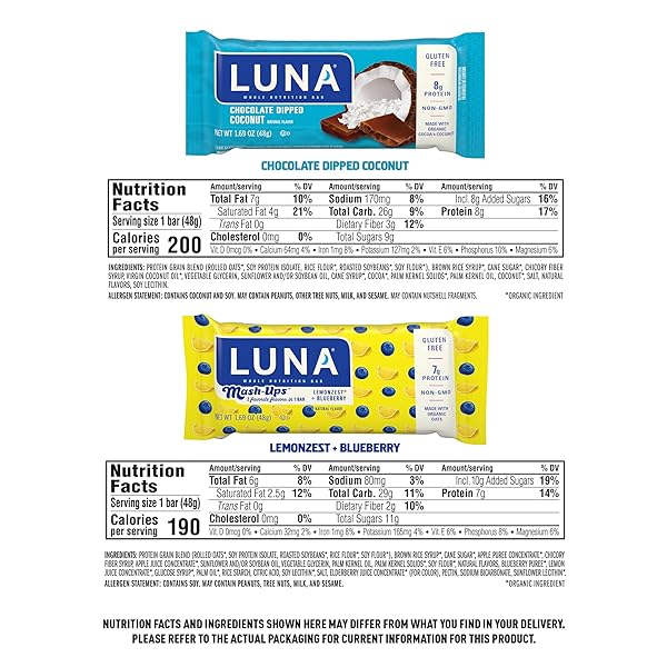 LUNA BAR – VARIETY PACK – CHOCOLATE DIPPED COCONUT AND LEMONZEST + BLUEBERRY MASH-UPS FLAVOR – SNACK BARS – NON-GMO – GLUTEN-FREE PROTEIN BARS – MADE WITH ORGANIC OATS 12 PACK,