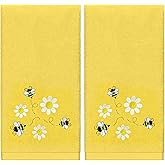 Whaline Bee Daisy Hand Towels Spring Summer Embroidered Cotton Bathroom Towel Absorbent Bath Towel for Kitchen Dish Drying Cleaning Cooking, 29.5 x 13.7 Inch, 2Pcs
