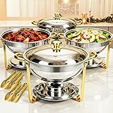 ALSO GO Round Chafing Dishes for Buffet 4 Pack, 6QT Chafing Dishes Buffet Set Gold, Catering Food Warmer for Parties Buffet with Full Size Chafing Pans, Stainless Steel Warming Trays for Thanksgiving
