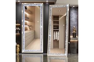 Hasipu Full-Length Mirror 69”×26” with Lights and Crystal Crush Diamond, Wall Mounted Hanging Diamond Mirror Leaning for Living Room Bedroom