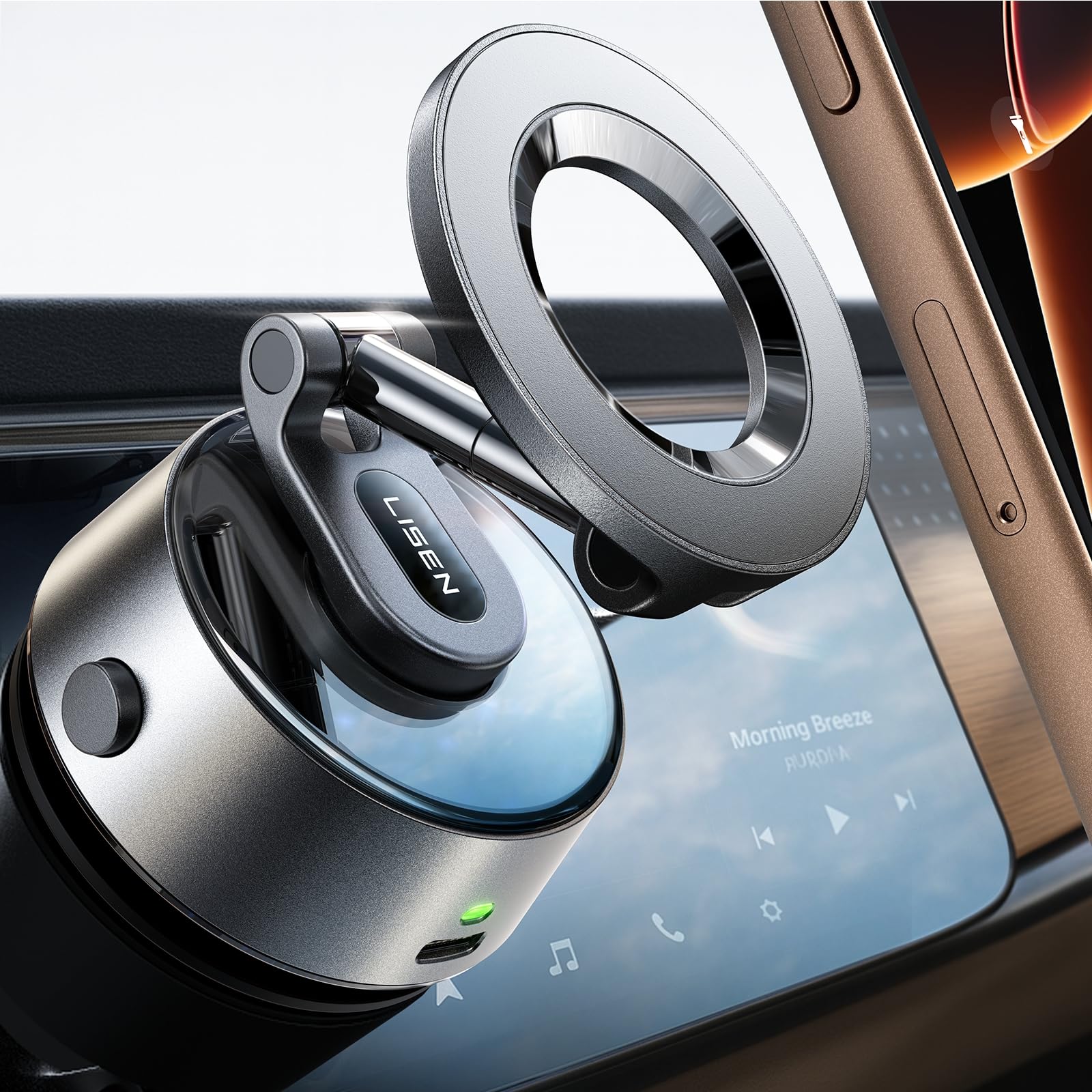 Photo 1 of LISEN Electric Retractable Car Phone Mount, Content Creator MagSafe Suction Cup Phone Mount Vacuum Magnetic Phone Holder fit Vlogging Video Recording Windshield for 17 iPhone 16e 16 15 14 13 12