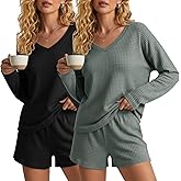 Velvelhall 2 Pack Women's Waffle Knit Pajama Sets V Neck Long Sleeve Top and Shorts Lounge Set Loungewear with Pockets