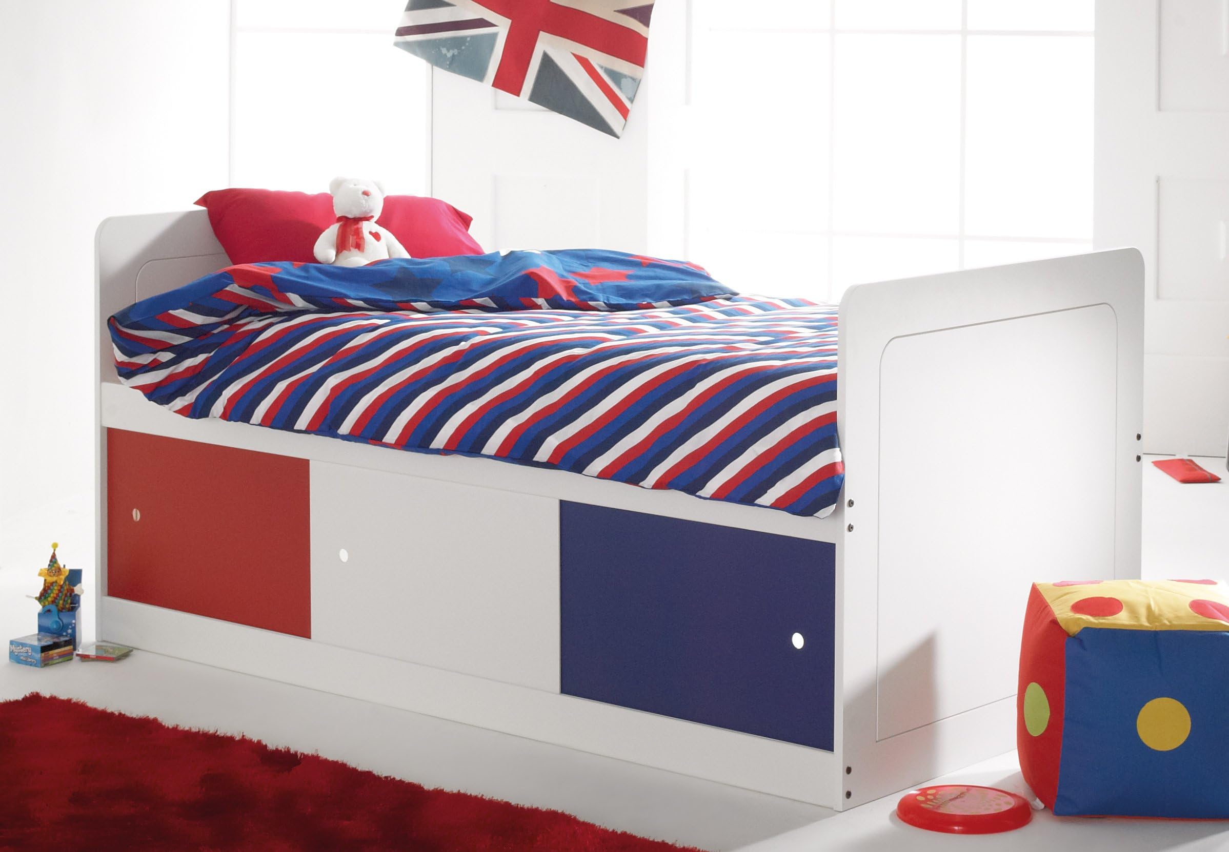 Scallywag Kids Captains Bed Narrow Shorty in White with 3 Sliding Doors in Red/White/Blue. Made In The UK.