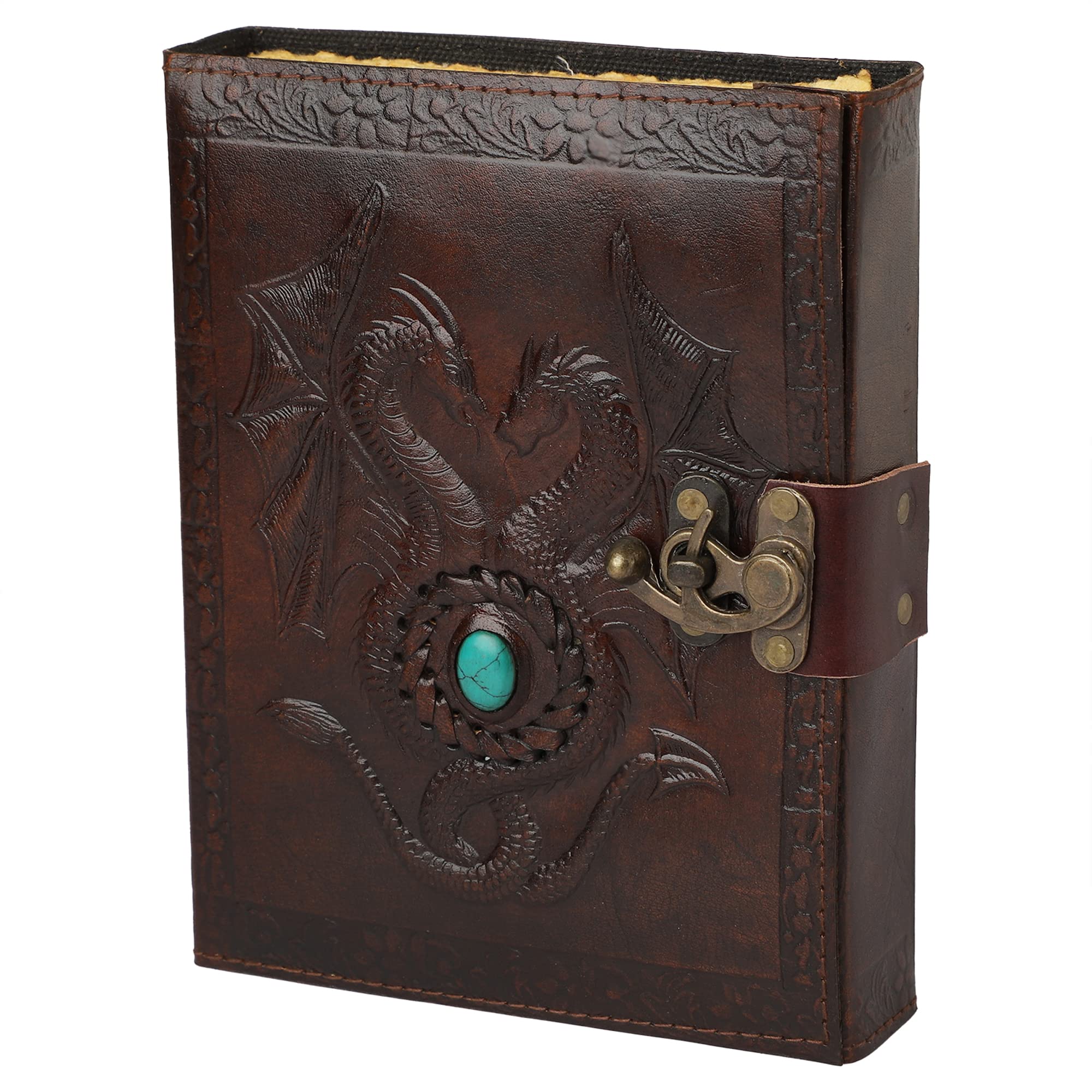 OVERDOSE Deckle Double Dragon with Stone Leather Journal - Vintage Travel Journal for Men & Women Sketch Diary Book of Shadows Handmade Vintage Deckle Edge Paper - 6 x 8 inches | 15 x 20 cm | A5 — image 1