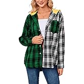 Women’s Button Down Shirt Plus Size Blouse Shirts Tartan Plaid Color Block Casual Oversized Boyfriend Hooded Outwear