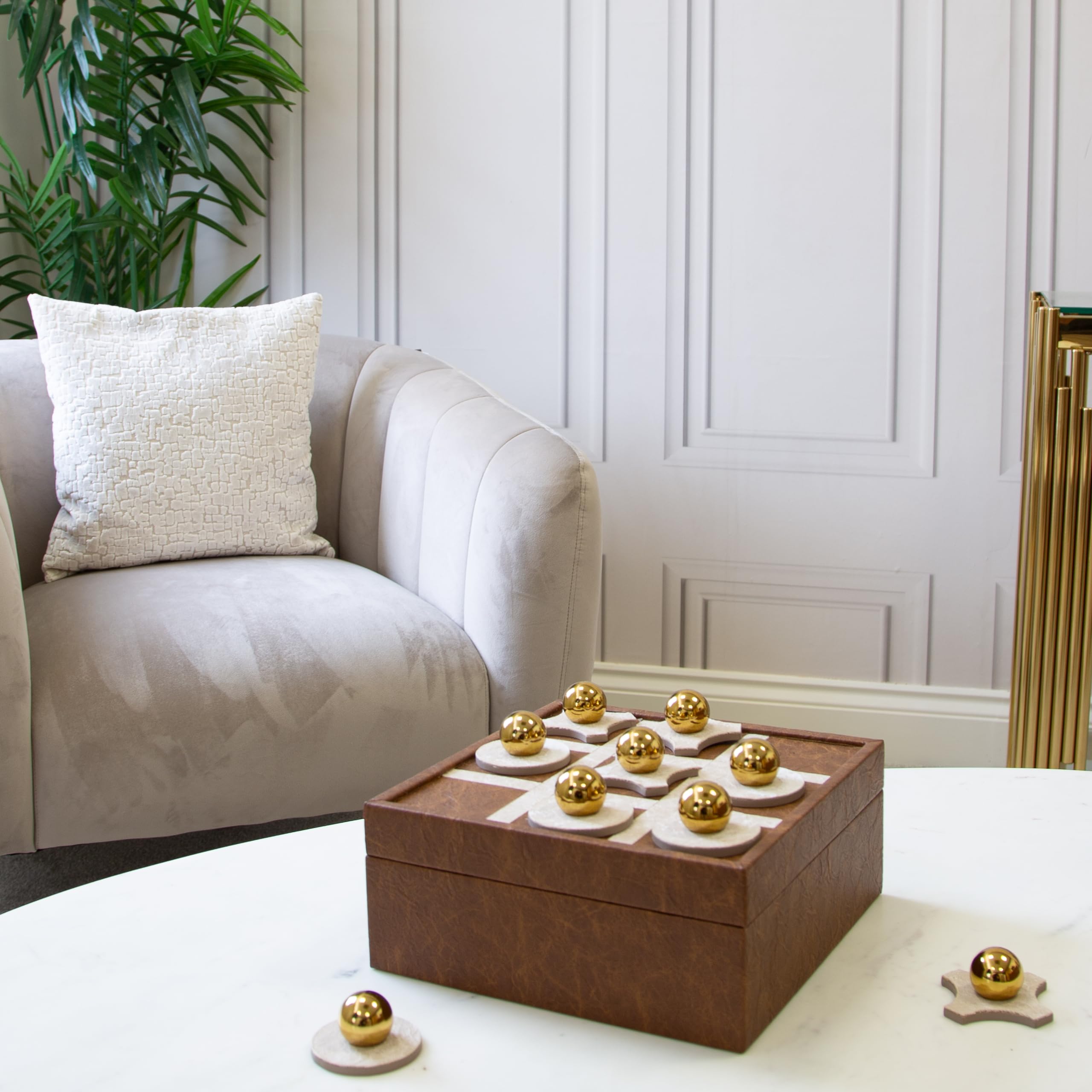 Tic Tac Toe Game Set, Leather Storage Box, Metal and Wood Pieces, Brown