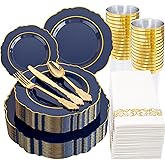 KIRE 210Pcs Navy Blue Plastic Plates - Blue Plates Disposable - 30guest Baroque Plastic Dinnerware for Upscale Wedding/Parties