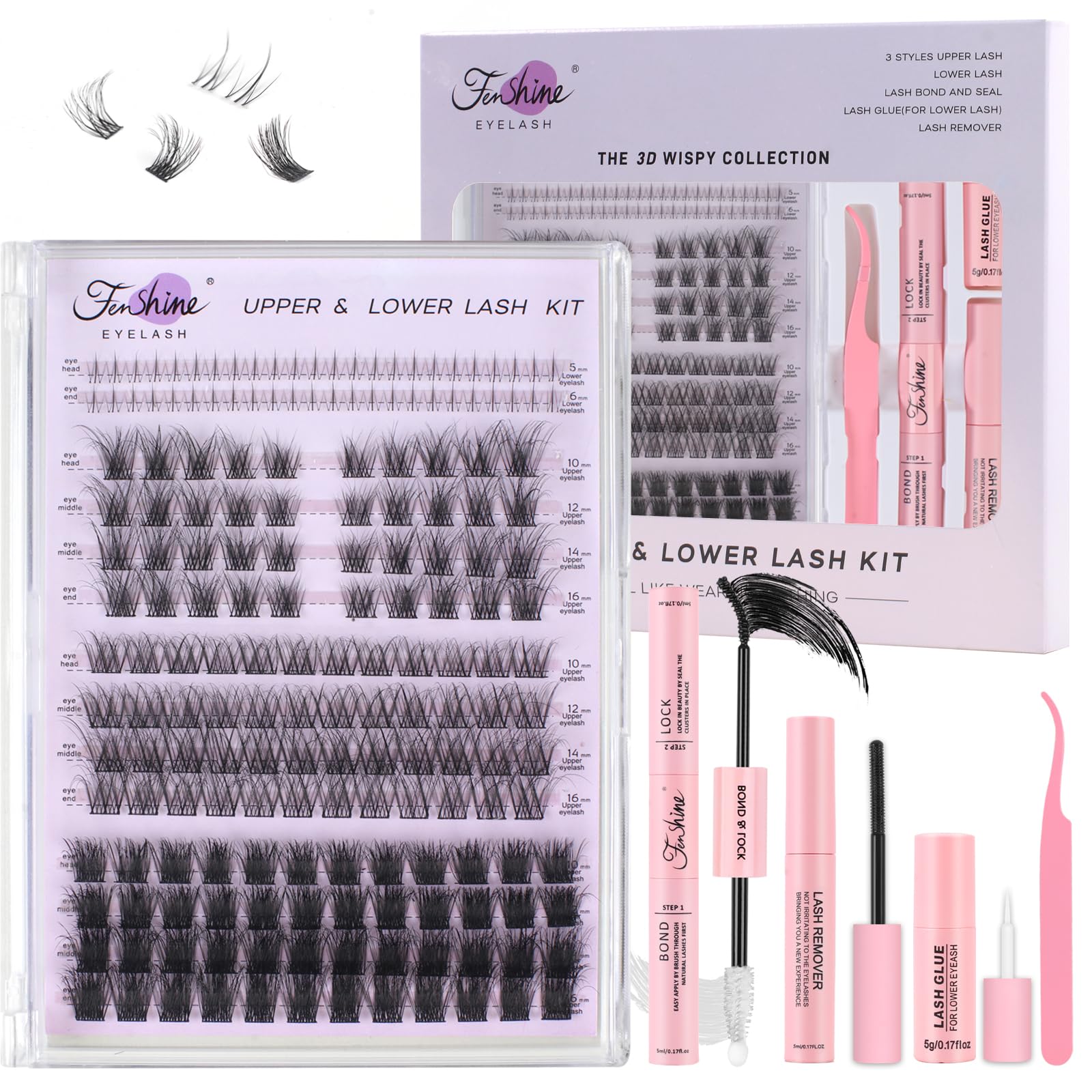 Fenshine Cluster Lashes Individual Lashes Kit 3D WISPY LASH KIT 10-18mm Length DIY Eyelash Extension Individual Soft False for Personal Use at Home (4 IN 1 WISPY LASH KIT, 3D T02 10-18mm)