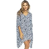 Back From Bali Womens Beach Swimsuit Cover Up Dress Caftan Floral Short Poncho Bun Navy
