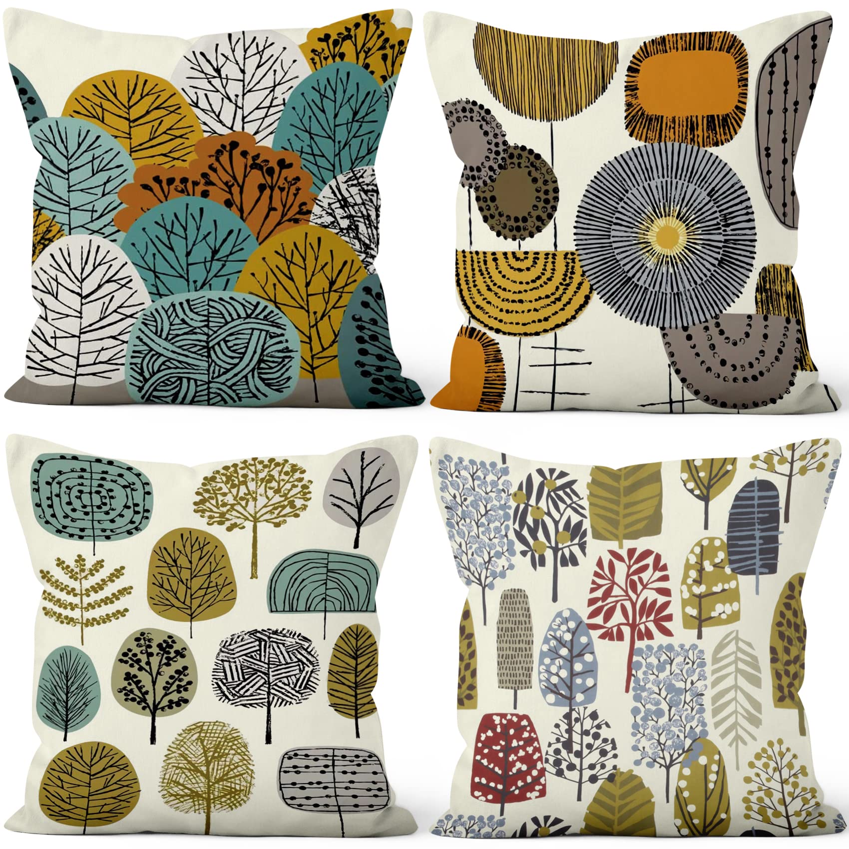 Aoihrraan 16 x 16 Inch Cushion Covers Colorful Forest Cartoon Tree Square Soft Short Plush Throw Pillow Covers Home Decor For Farmhouse Living Room Sofa Outdoor Patio Garden Couch, 40x40cm Set of 4