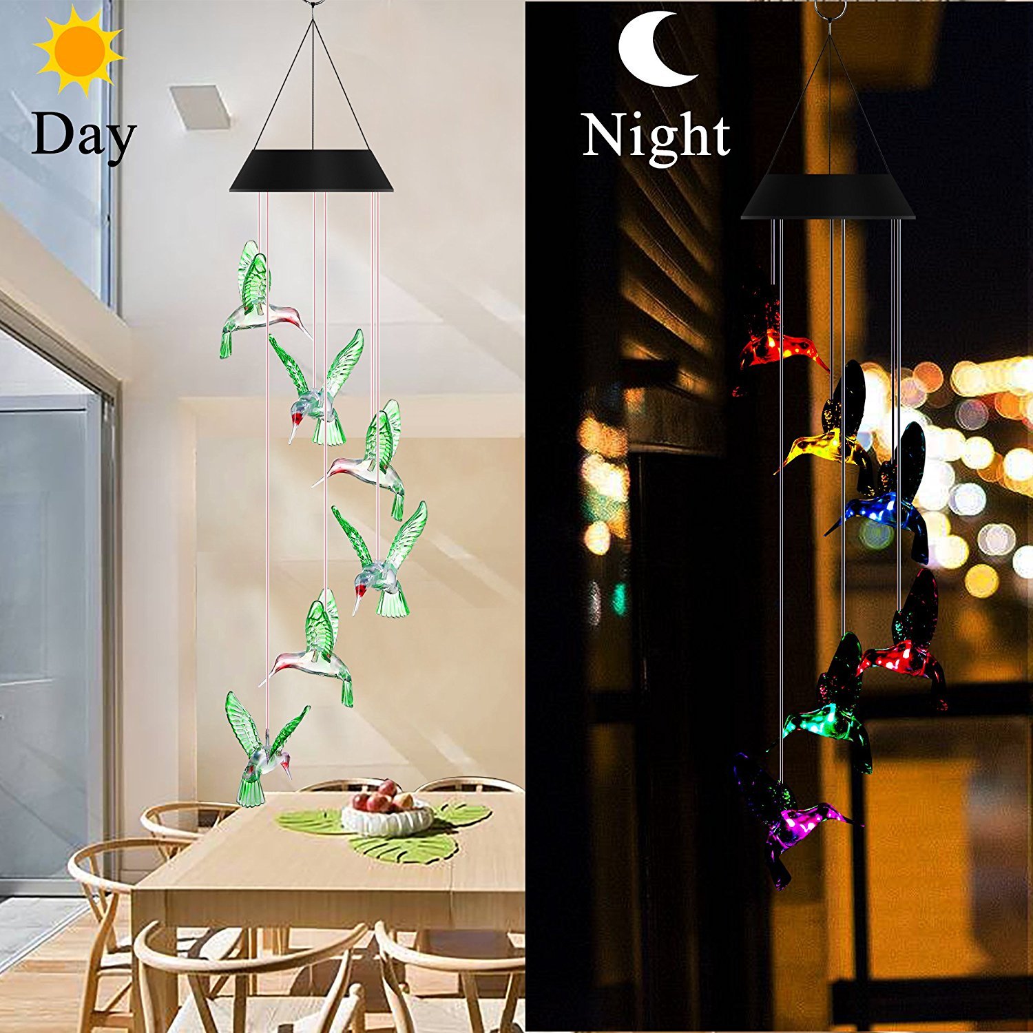 MEIO Color-Changing LED Solar Mobile Wind Chime LED Changing Light Color Waterproof Six Hummingbird Wind Chimes For Home Party Night Garden Decoration