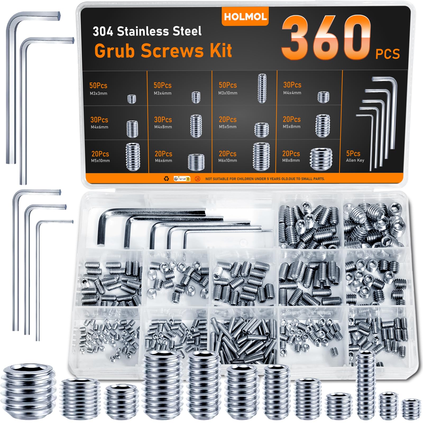 HOLMOL 360PCS Grub Screws Assorted Set for Door Handles with M3/M4/M5/M6/M8 Allen Keys, 304 Stainless Steel Grub Screw with Cone Point & Hex Head, Assorted Door Handle Screws for Repairs