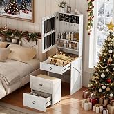 MDGC Makeup Vanity Desk with Mirror and Lights,Charging Station (White) | Small Vanity Desk Set with Jewelry Cabinet &amp; Glass Top,Compact Dressing Table with Storage Wheel Stool for Bedroom