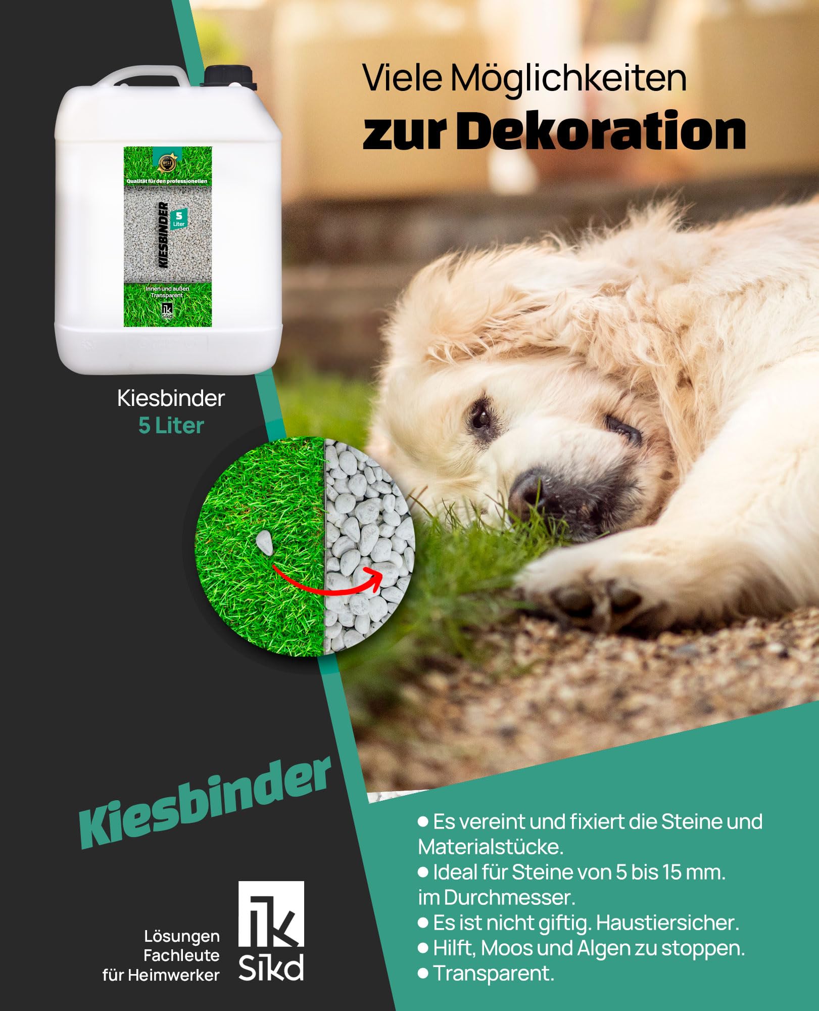 Bindemittel für Kieselsteine 5L. Perfekt zum Kieselsteine kleben oder als Kieskleber für Wege und Gärten. Kiesbinder farblos. Nassoptik. 6