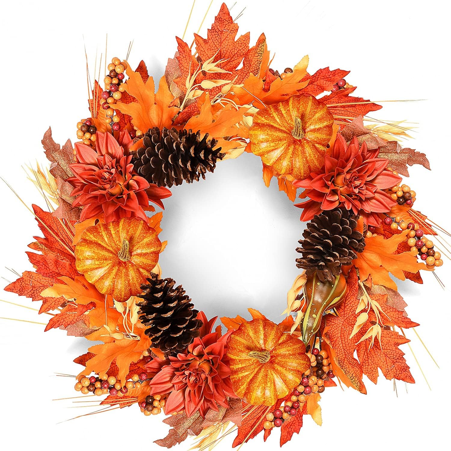 Rocinha Fall Wreath 20 in Autumn Front Door Wreath with Pumpkins Pinecone Berries Maple Leaf, Artificial Fall Wreath for Front Door Thanksgiving Halloween Decorations Home Decor