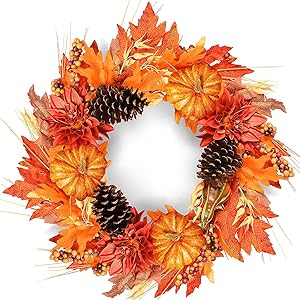 Rocinha Fall Wreath 20 in Autumn Front Door Wreath with Pumpkins Pinecone Berries Maple Leaf, Artificial Fall Wreath for Front Door Thanksgiving Halloween Decorations Home Decor