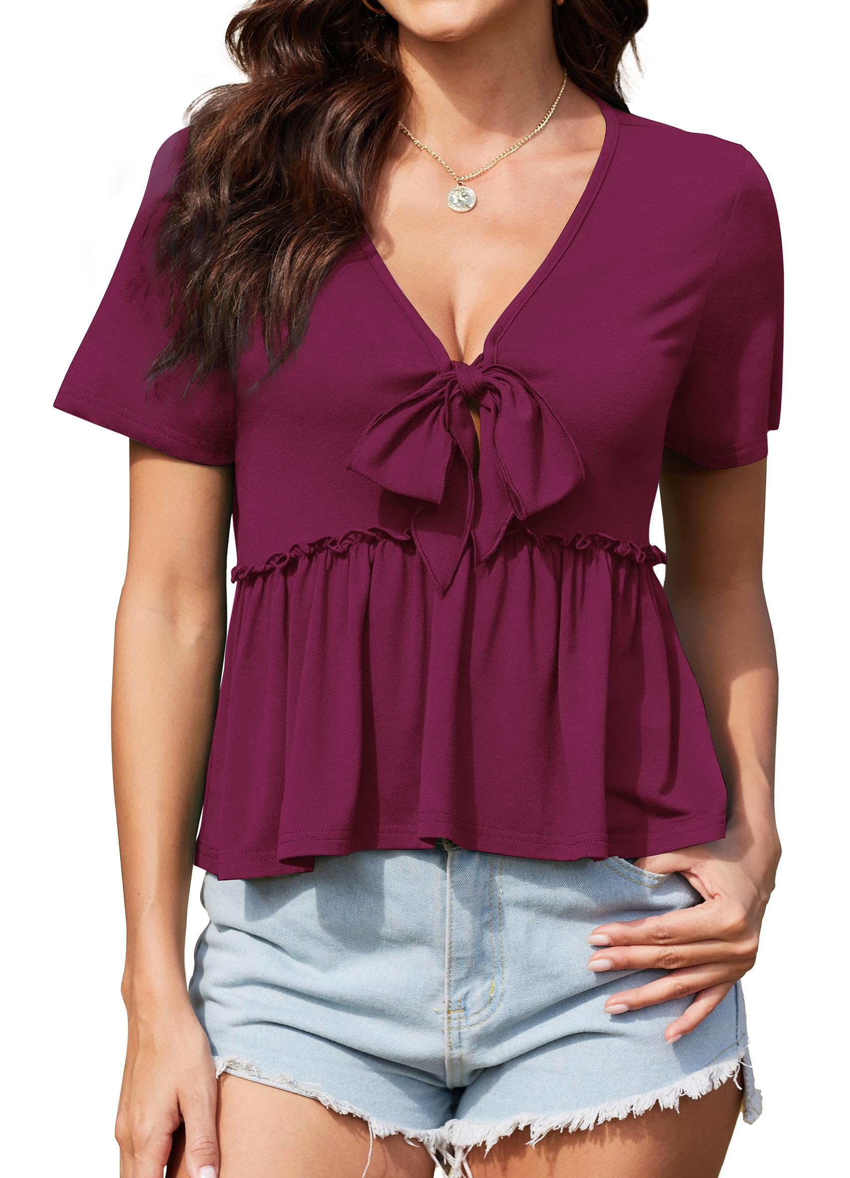 ArtJuly Womens Summer Ruffle Tops Sexy Plunge V Neck Shirts Cute Short ...