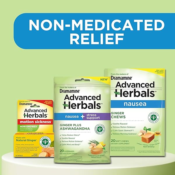 FROM THE MAKERS OF DRAMAMINE, ADVANCED HERBALS GINGER CHEWS FOR NAUSEA RELIEF, MORNING SICKNESS RELIEF & MOTION SICKNESS RELIEF DURING TRAVEL, LEMON-HONEY, 40 COUNT