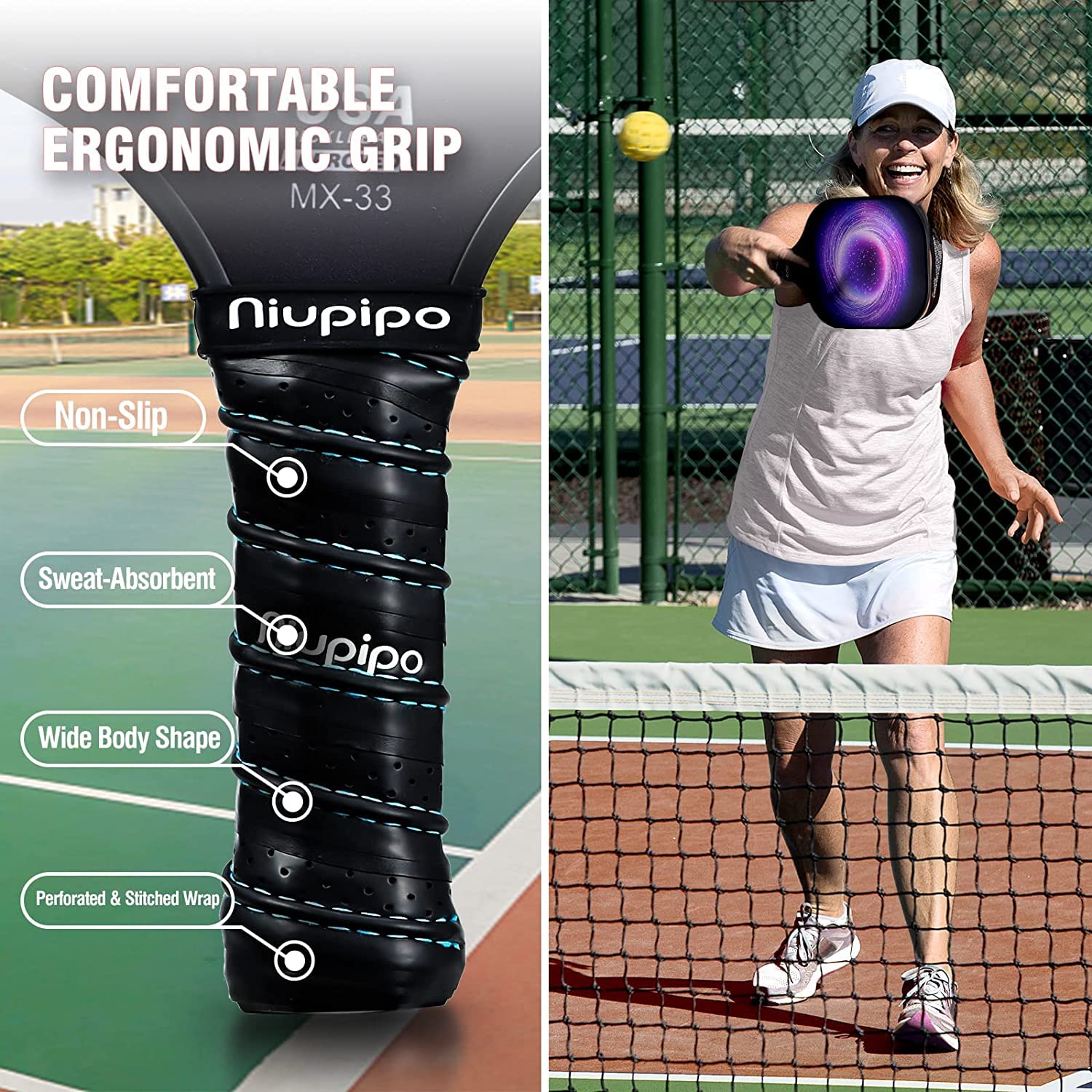 niupipo Pickleball Paddles Set of 2/4, USAPA Approved Lightweight Pickleball Rackets, Durable Fiberglass Surface with Polypropylene Honeycomb Core, Cushion Grip and Carry Bag