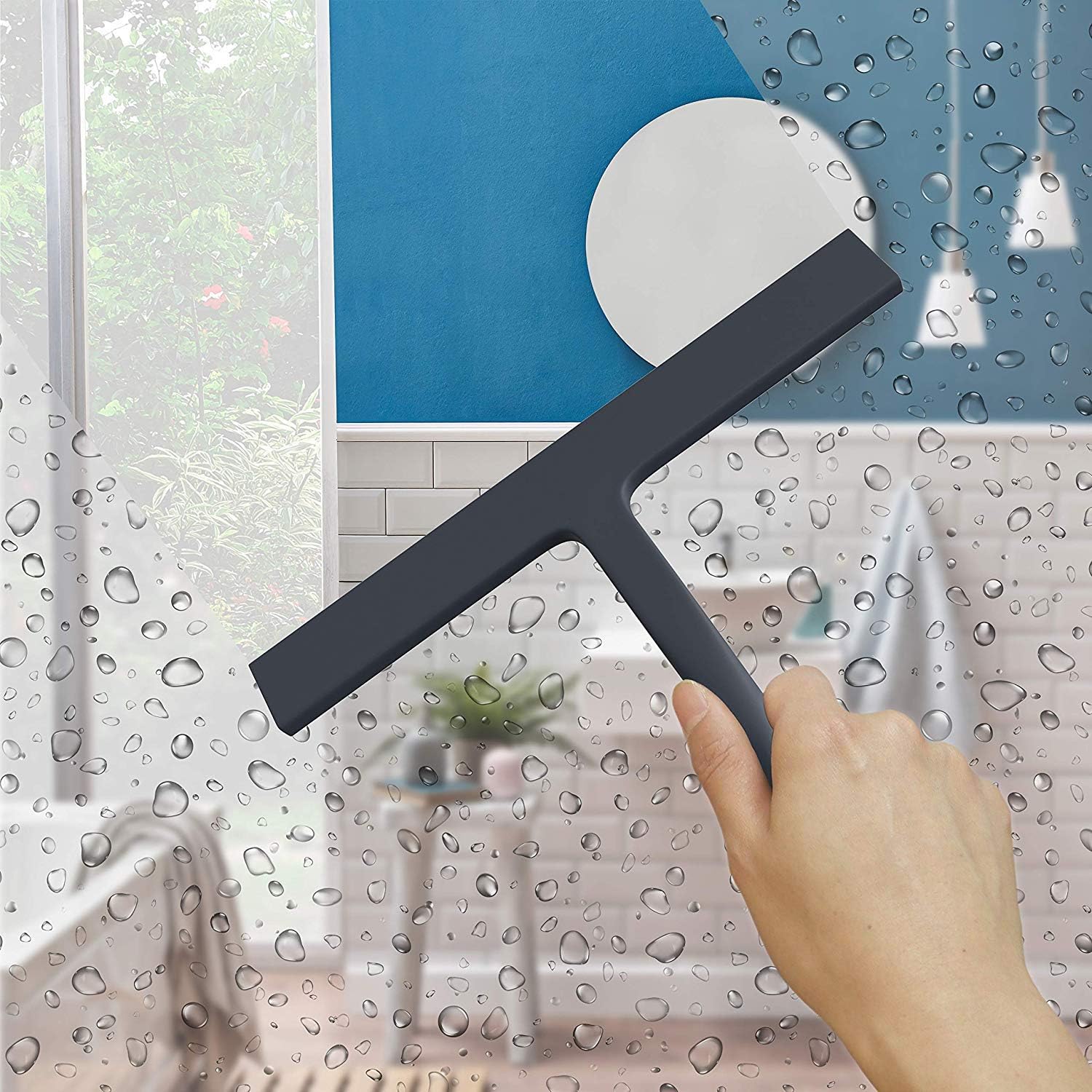 Black, L Mirror & Bathroom Silicone Shower Squeegee With Hook Non Slip