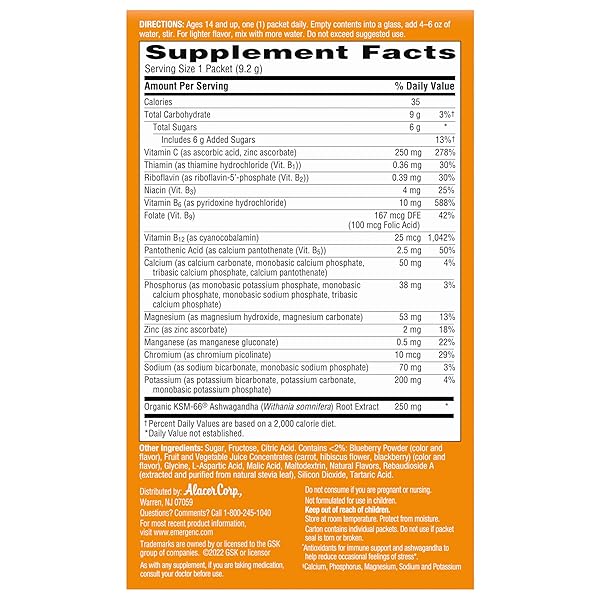 EMERGEN-C VITAMIN C ASHWAGANDHA DRINK MIX, DIETARY SUPPLEMENT FOR IMMUNE SUPPORT, BERRY BLEND – 18 COUNT