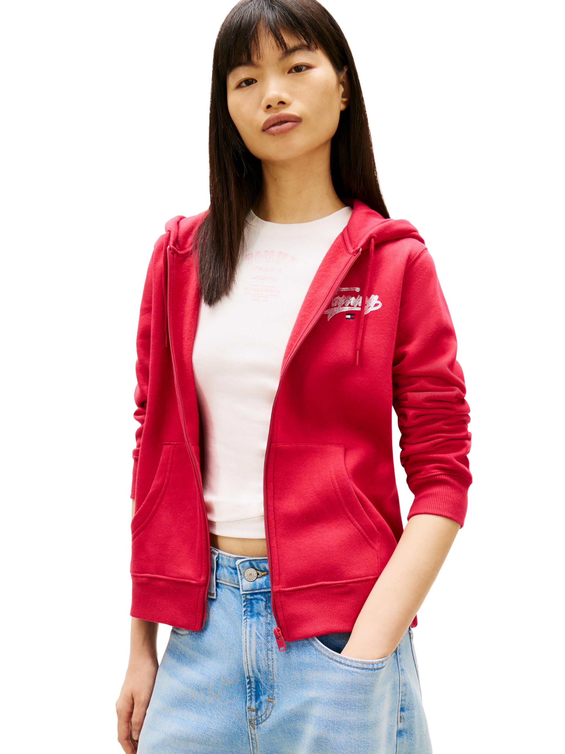 Tommy Jeans Womens Regular Zip Thru Hoodie, RUBY RHUBARB Small