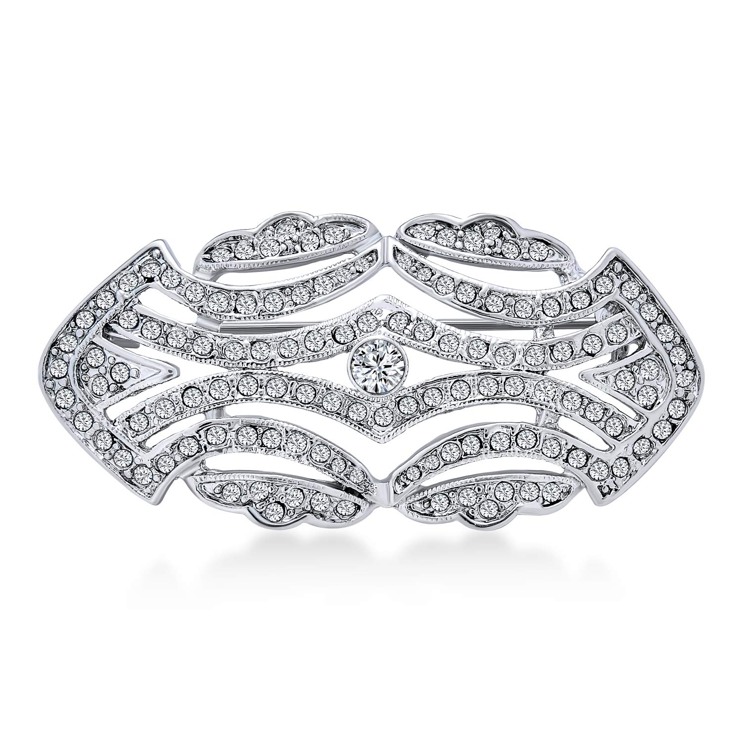 Estate Style Jewelry Large Pave Wedding Bridal Crystal Fashion Gatsby Vintage Art Deco Style Scarf Brooch Pin For Women Silver Plated Brass