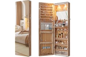 HNEBC LED Mirror Jewelry Cabinet,47.2" Wall Mounted Jewelry Organizer with Full-Length Mirror,Over The Door Hanging Jewelry Armoire Storage Cabinet,Folding Dresser,2 Drawers,Lockable, 3 Shelves(Wood)