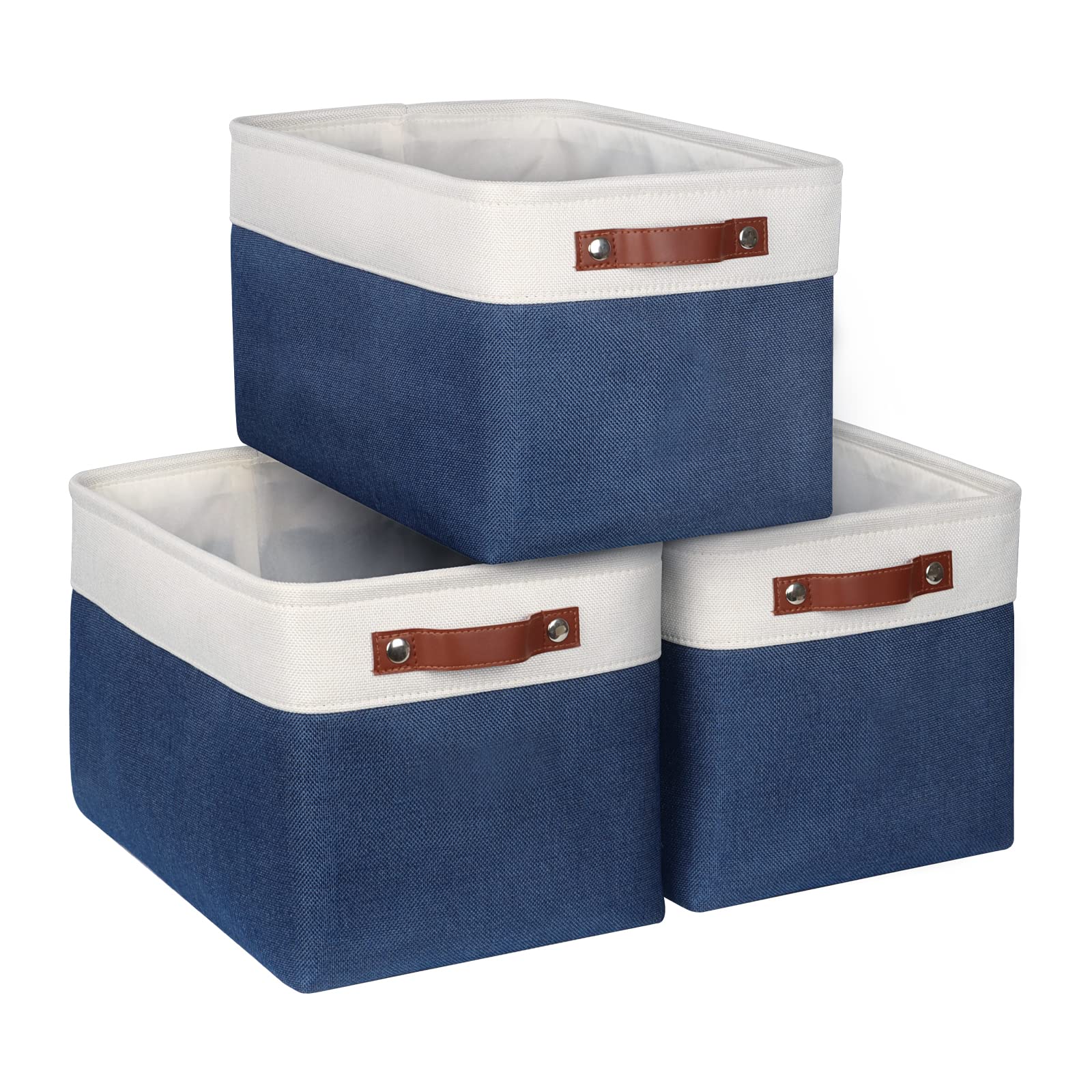 Syeeiex Fabric Storage Basket [3-Pack], Large Baskets with Leather Handles, Storage Boxes for Shelves, Foldable Baskets for Organizing Toys, Clothes, Office (White/Blue), 15inch