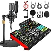 Podcast Equipment Bundle with Live Sound Card Audio Mixer, 3.5mm Condenser Microphone for PC/Phone Streaming and Singing, Podcast Microphone Bundle with Voice Changer sound board