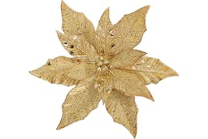 Briful 12'' Large Heads Christmas Glitter Poinsettia Flowers Christmas Tree Ornaments Set of 4 Artificial Flowers with Long Stems for Xmas Tree Party DIY Holiday Decorations,Gold