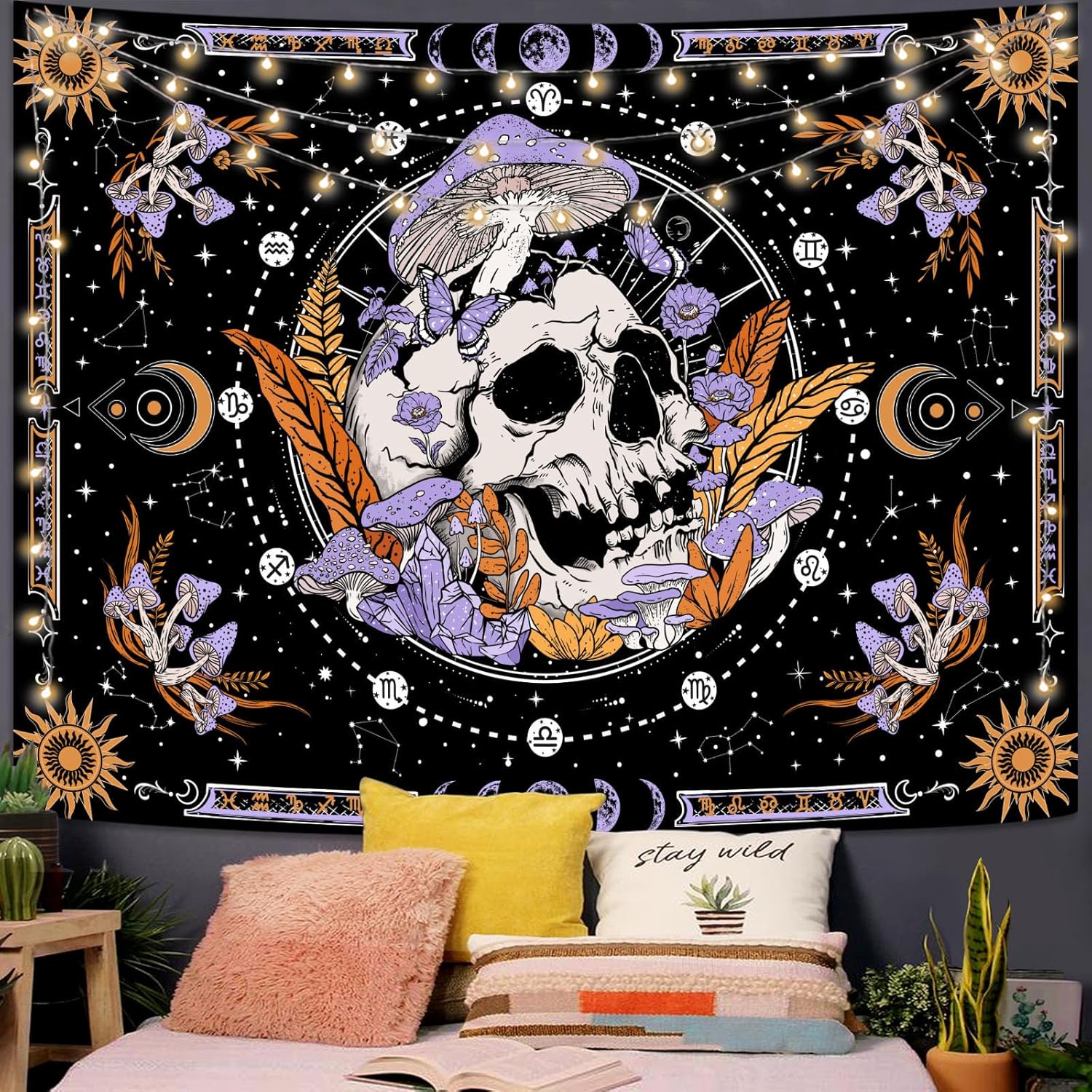 Tapestries - Aipon Purple Skull Tapestry Skeleton Mushroom Floral Flower Aesthetic Bedroom Tapestries Hippie Nature Plant Wall Hanging for Living Room Dorm (Purple, 48'' × 36'')