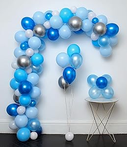 Blue and Sliver Latex Metallic Pearlescent Balloon 110 Pcs 12in Arch & Garland Kit,Decorating Strip+Tying Tools+Glue Dots+Flower Clips+Silver Ribbons,boy Baby Shower, Party Decorations