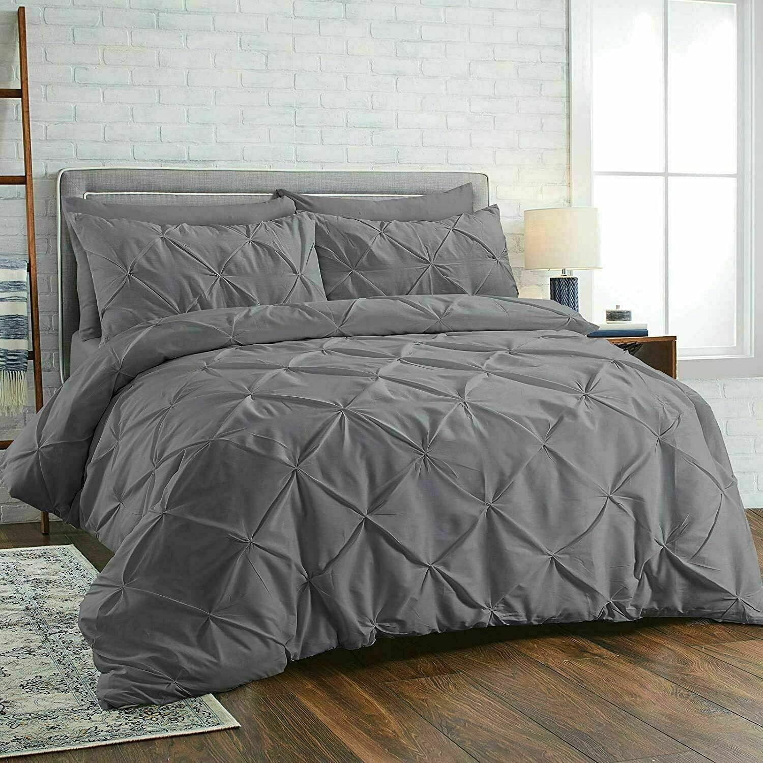 Pinch Diamond Pleated Pintuck Duvet Cover Set 100% Cotton Quilt Covers Bedding Bed Sets Single Double Super King with Pillow Cases (Charcoal, King)