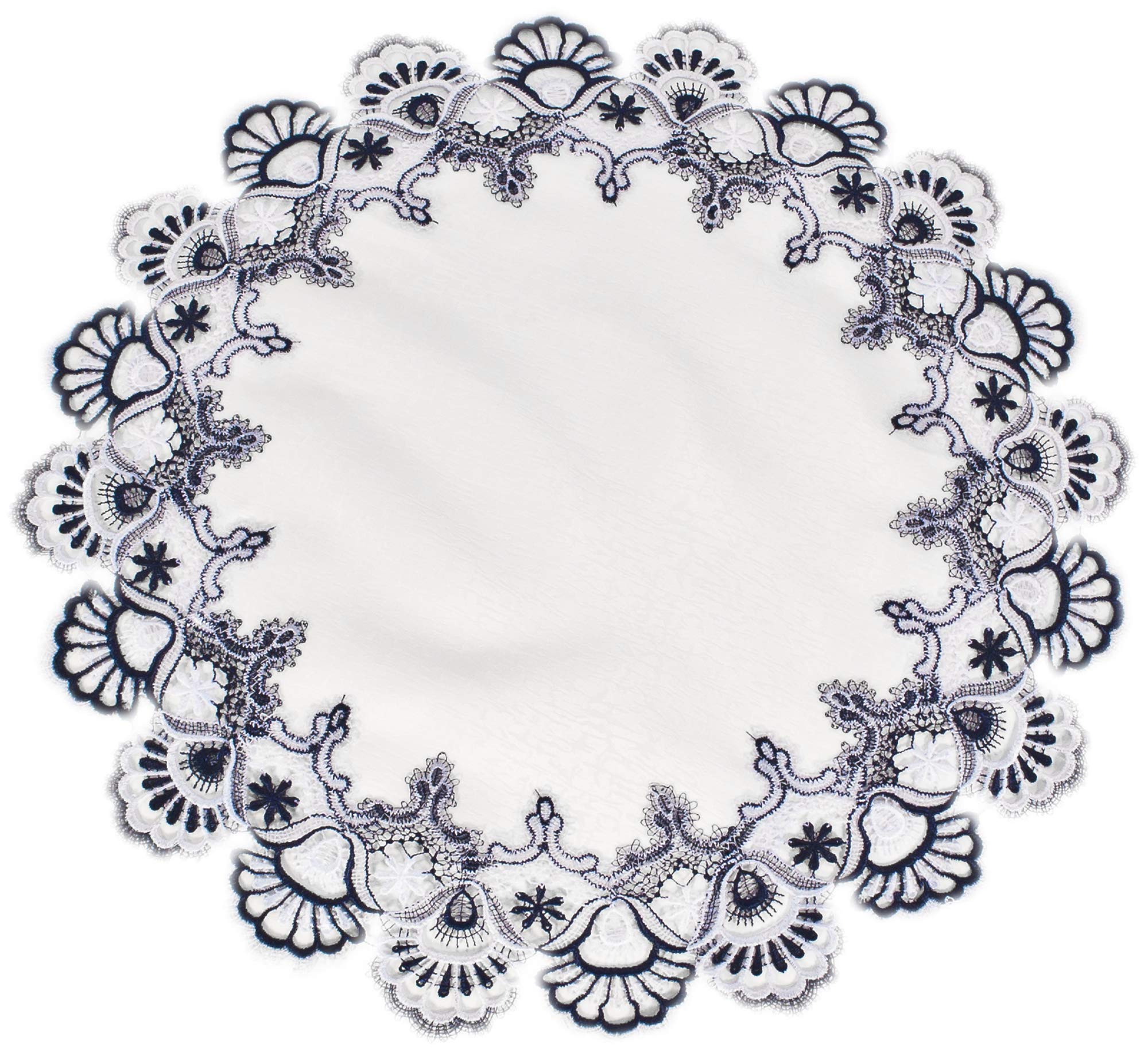 Linens, Art and Things White Navy Blue Jacquard Peacock Tail Lace Doily, Placemat, Table Centerpiece, Table Topper (23 inch Round)
