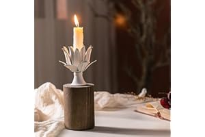 NOONEAU Candlestick Holders - Handcrafted Iron Flower Candle Holder with Solid Wood Base, Antique White Metal & Rustic Wood Taper Candle Stand for Home Candelabra Decor (3.2x8.7 in)