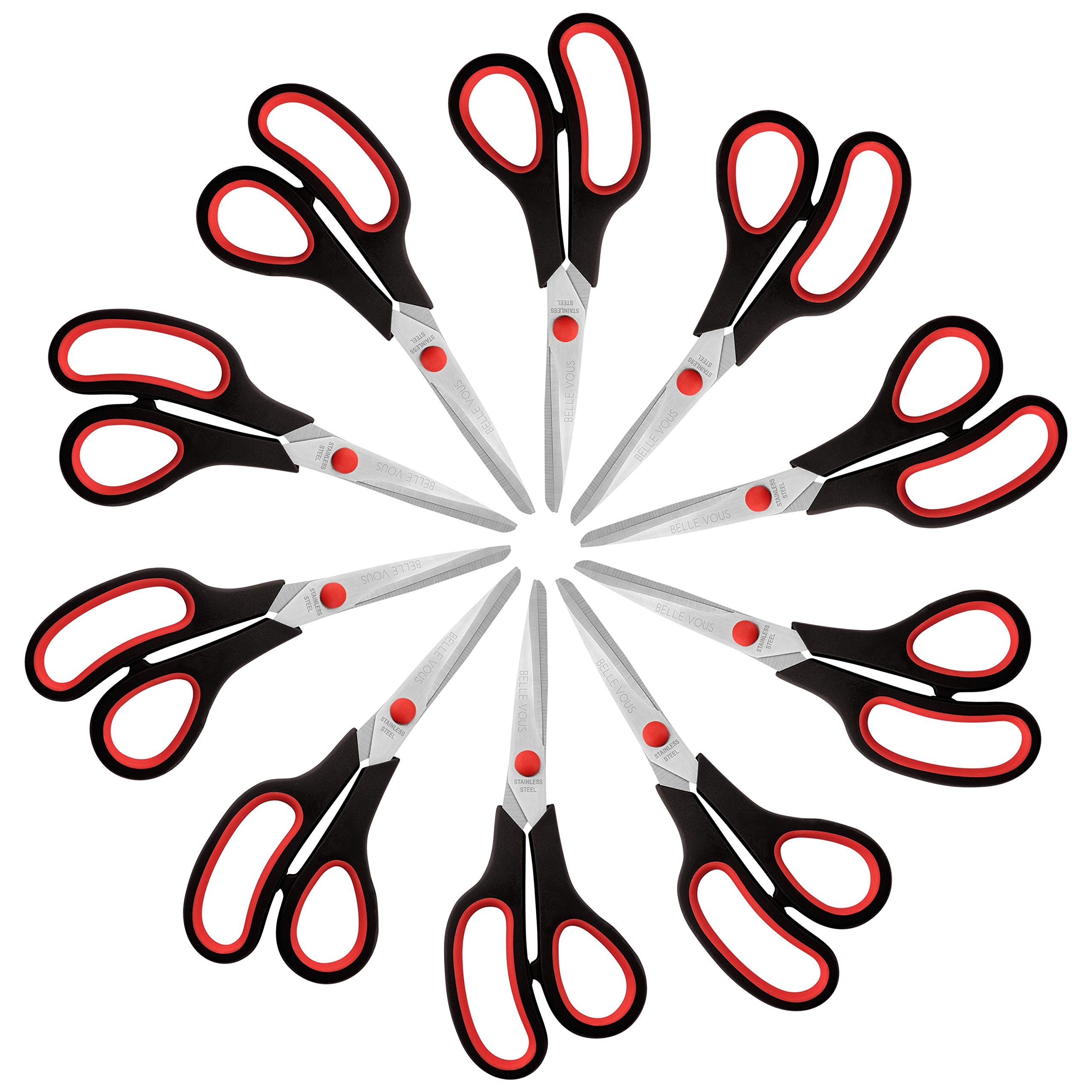 Belle Vous Scissors Multipack (10 Pack) - 21cm/8.27 inch Overall Length - Sharp Stainless Steel Blades - Soft Comfort Grip Handles - for Office and Home - Multipurpose Craft Scissors