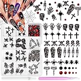 Halloween Nail Charms, 3D Dark Alloy Gothic Cross Bat Nail Charms, Skull Skeleton Spider Tombstone Palm Metal Punk Halloween Nail Accessories Black Red Rhinestones for Nail Art Supplies Crafts