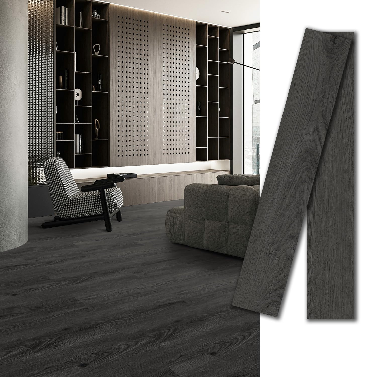 Photo 1 of MULGREAT Peel and Stick Tile, 54 Sq.Ft 2mm Thicken Vinyl Plank Flooring, 36 Pieces 36"x6" DIY Self Adhesive Waterproof Wood Floor Tiles for Renters Bedroom, Dark Grey Oak