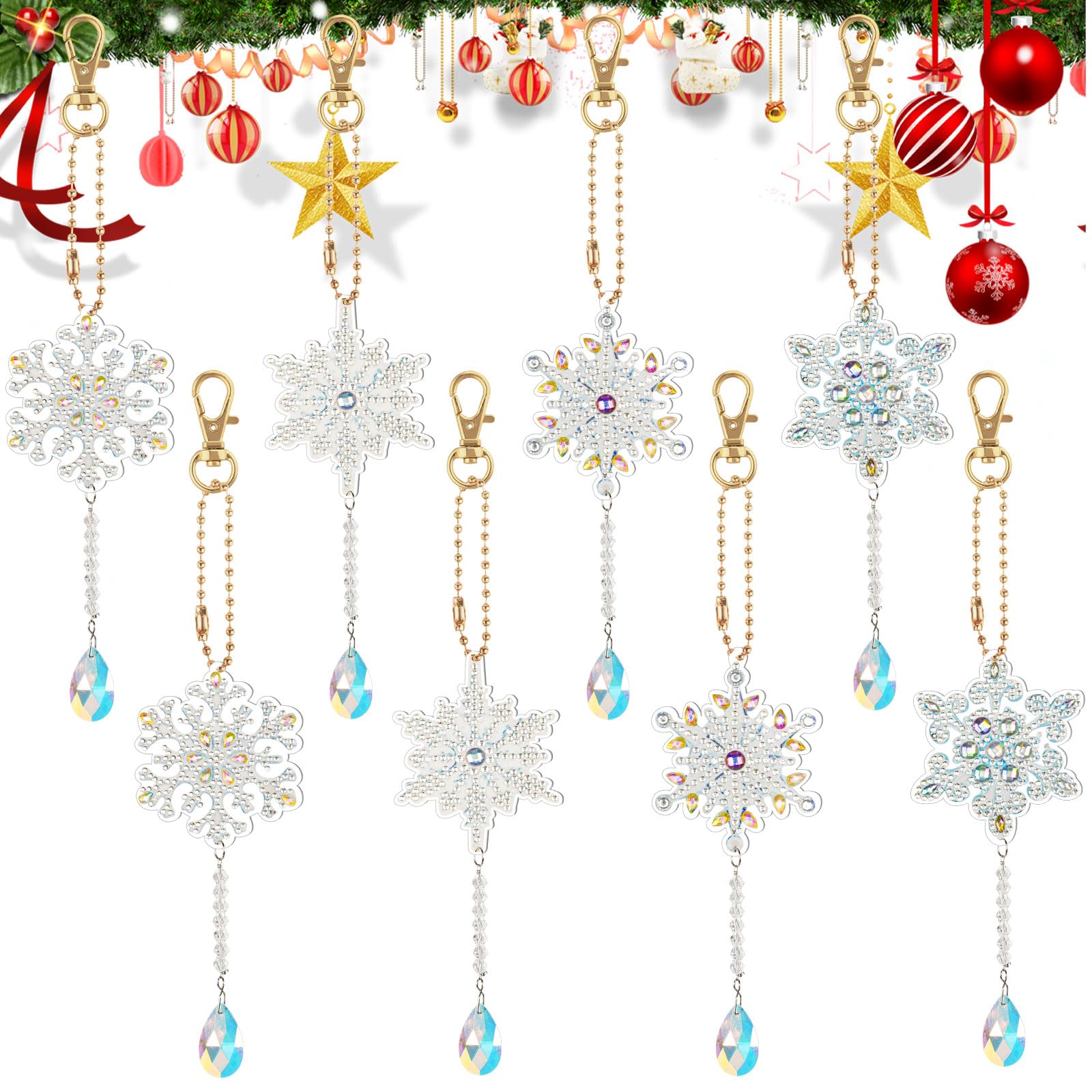 AUAUY 8-Piece Snowflake Diamond Painting Keychains - 5D DIY Diamond Art Keychains, Double Sided Hanging Christmas Ornaments for Kids Crafts Decor