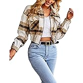 Lingjiazi Womens Cropped Flannel Plaid Shacket Zip Up Shirts Jackets with Pockets