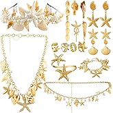 JenPen 16 Pcs Seashell Starfish Jewelry Set Necklace Headband Waist Chain Pearl Hair Clip Arm Band Starfish Ring Bracelet Conch Hairpin Earrings, Women Summer Body Jewelry Set