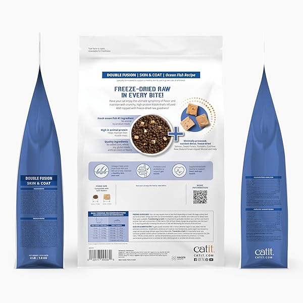 CATIT RECIPES DOUBLE FUSION SKIN & COAT CAT FOOD – OCEAN FISH RECIPE, HIGH-PROTEIN, FREEZE-DRIED RAW TOPPINGS, OMEGA-RICH FOR HEALTHY SKIN & FUR, NO BY-PRODUCTS, MINIMALLY PROCESSED, 4 LB