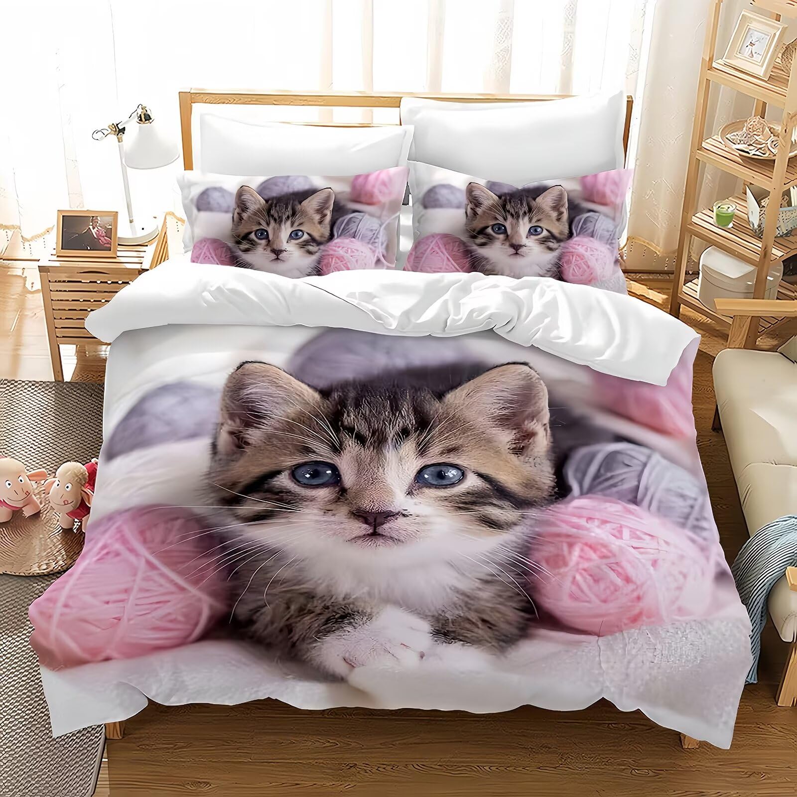 Tabeskly Kids Girls Bedding Set Single, Cat Cute Soft Zipper Childrens Full Bed 3 Piece Cover Duvet Quilt Covers and Pillowcases - Small Mildly Cosy Budget Bedclothes 135×200cm