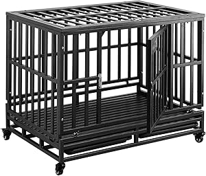 PUPZO Dog Cage Crate Kennel Heavy Duty Tear Resistant Square Tube with Four Wheels for Large Dogs Easy to Install(38in Black)