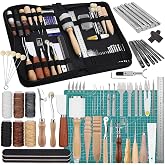 Leather Craft Tools, 60 Pieces Leather Working Tools and Supplies with Storage Bag Cutting Mat Prong Punch Groover Edge Creaser Stamping Carving Knife Awl Hammer for Craft Making DIY Sewing
