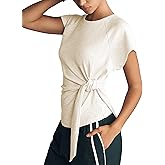 GTLIAE Women's Tie Belt Short Sleeve Pullover Summer Slim Fit Daily Casual Top Soft Stretch Activewear Gym T-Shirt
